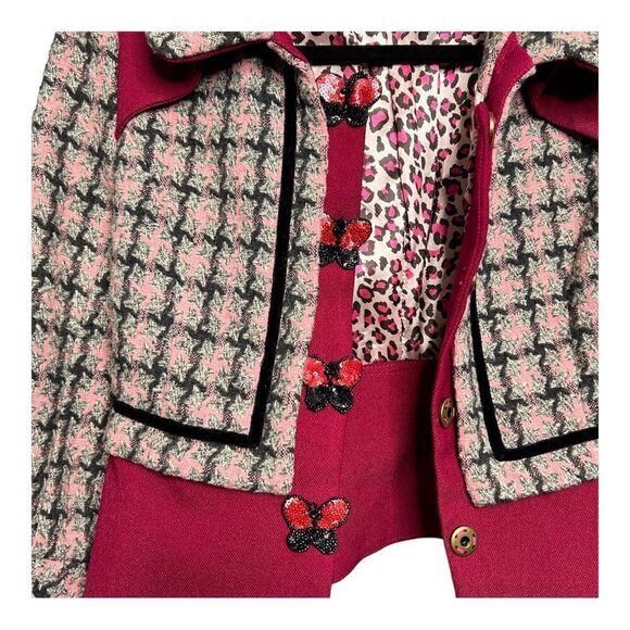 Vintage Wool Blazer Cropped Tweed Coat Pink Cream Black Leopard Women 4 - Picture 4 of 9